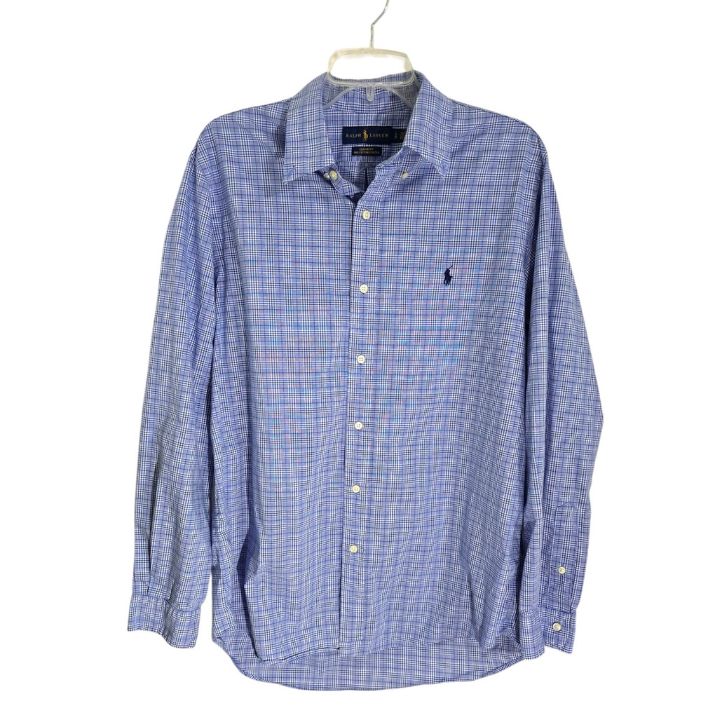 Ralph Lauren Classic Fit Blue Plaid 100% Cotton Stretch Long Sleeve Shirt Men L